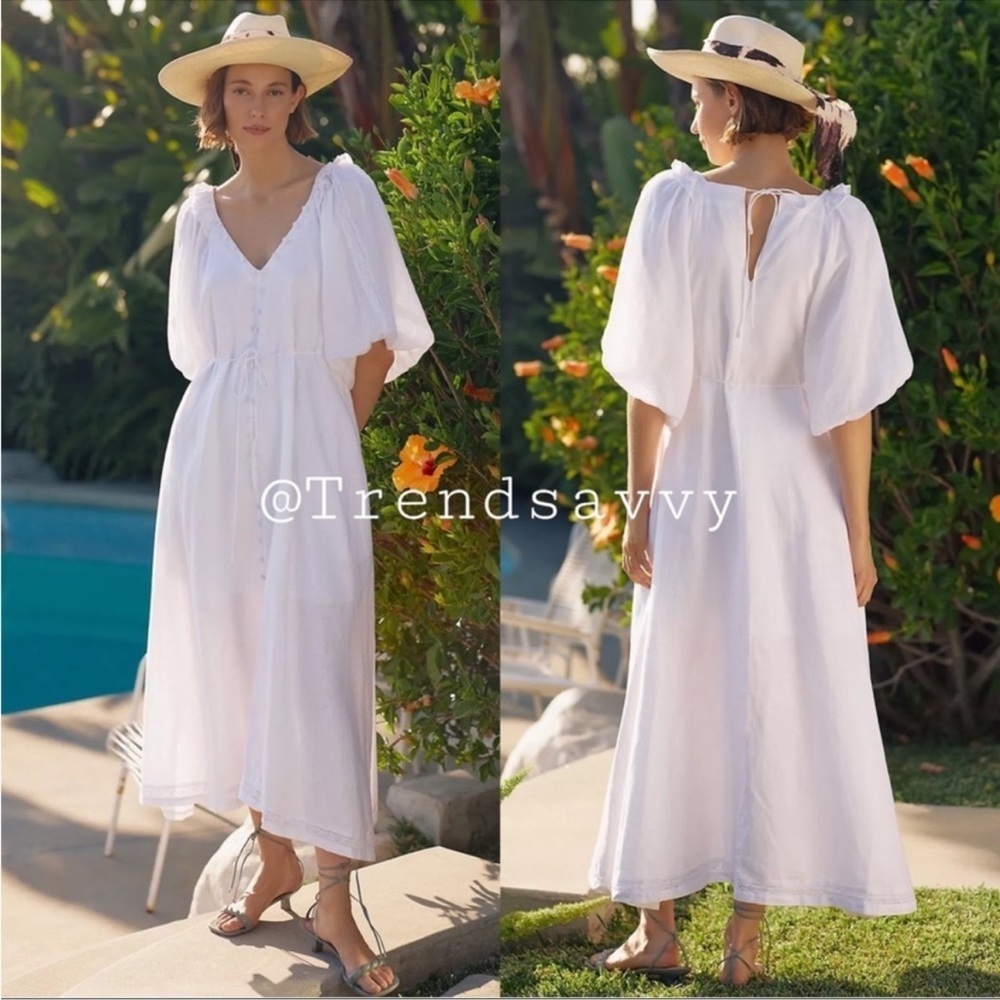 Anthropologie Joslin Linen Puff Sleeved Button Front Midi Dress White Size 6 Nwt